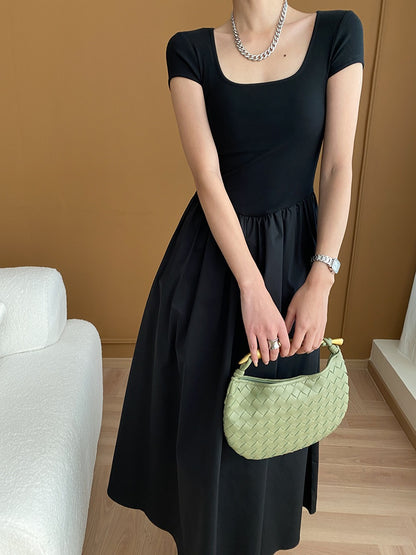 Square Neck Cinched Waist Black Dress