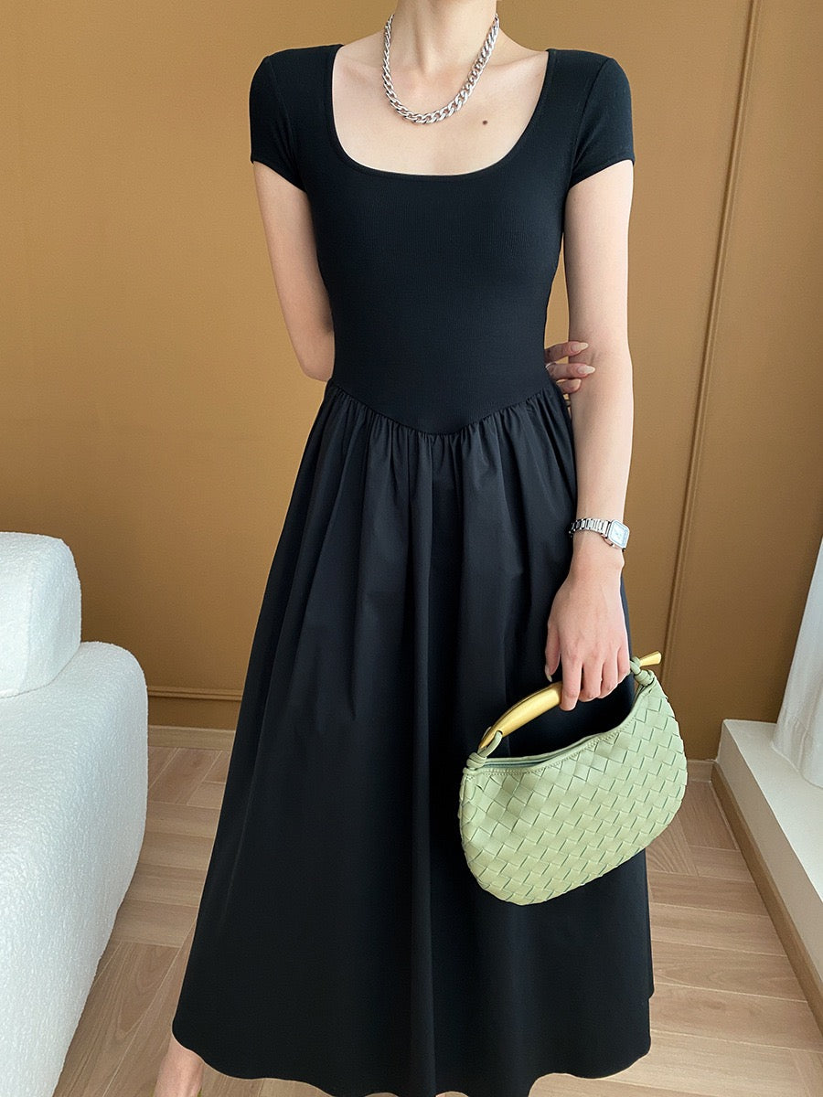 Square Neck Cinched Waist Black Dress