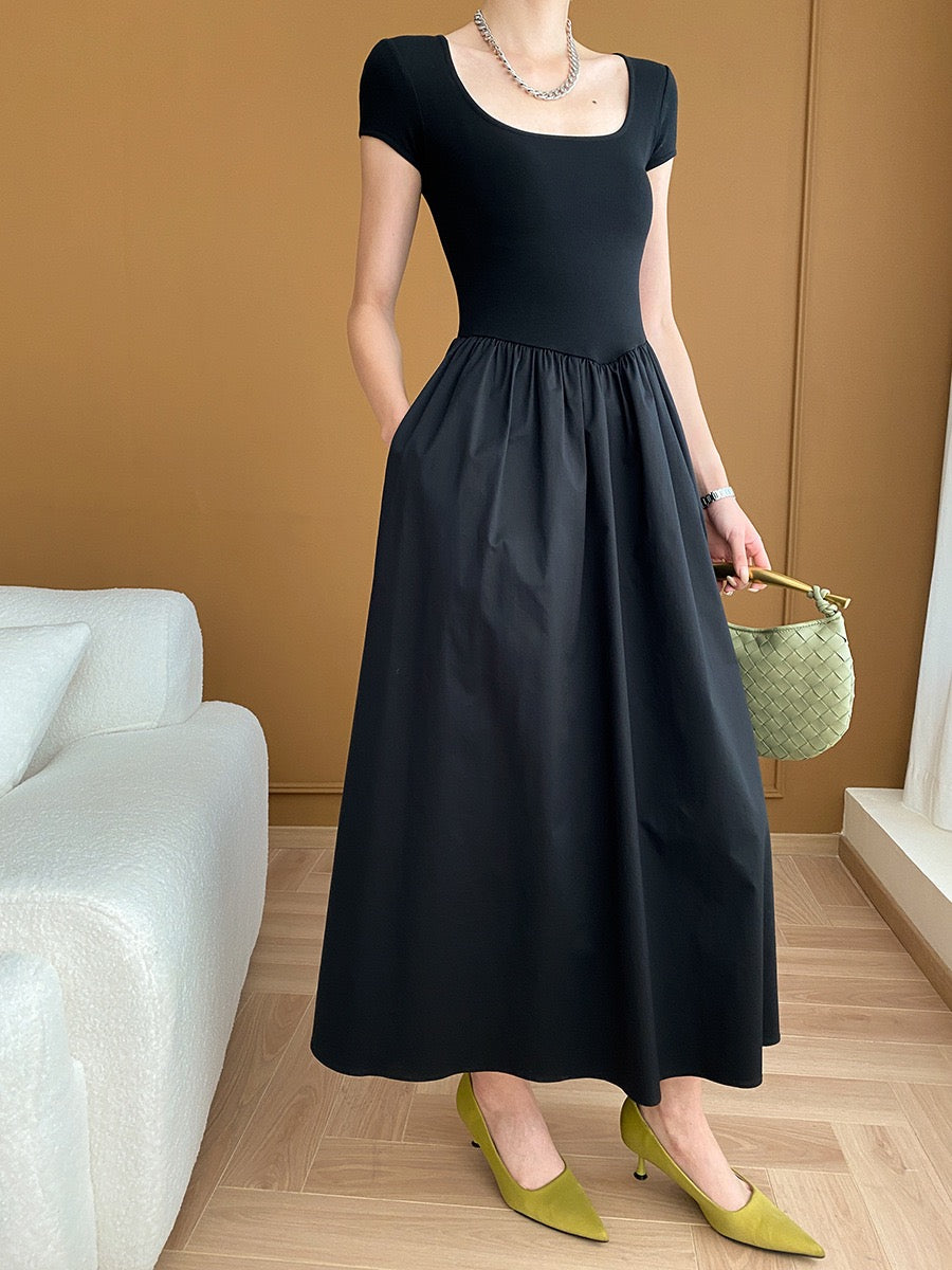 Square Neck Cinched Waist Black Dress