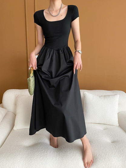 Square Neck Cinched Waist Black Dress