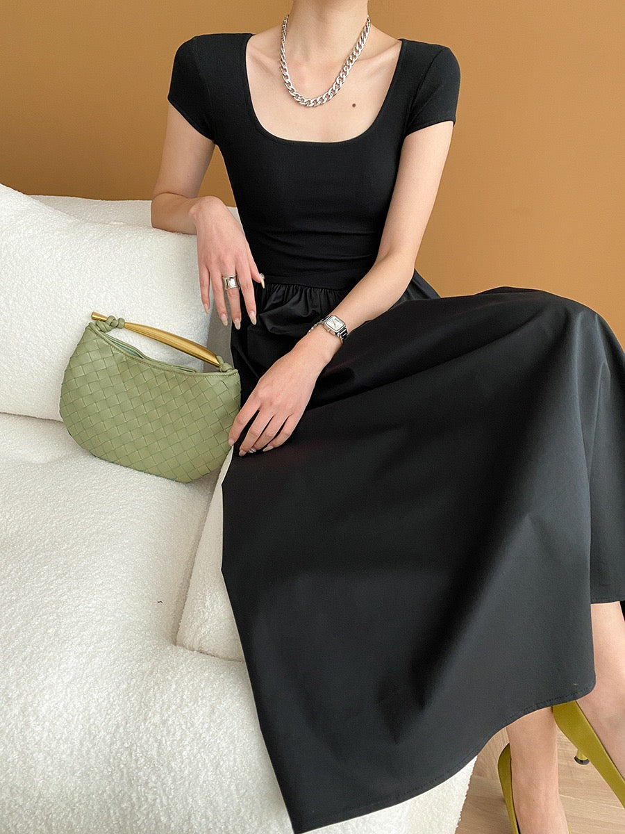 Square Neck Cinched Waist Black Dress