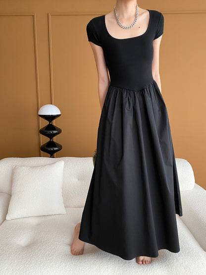 Square Neck Cinched Waist Black Dress