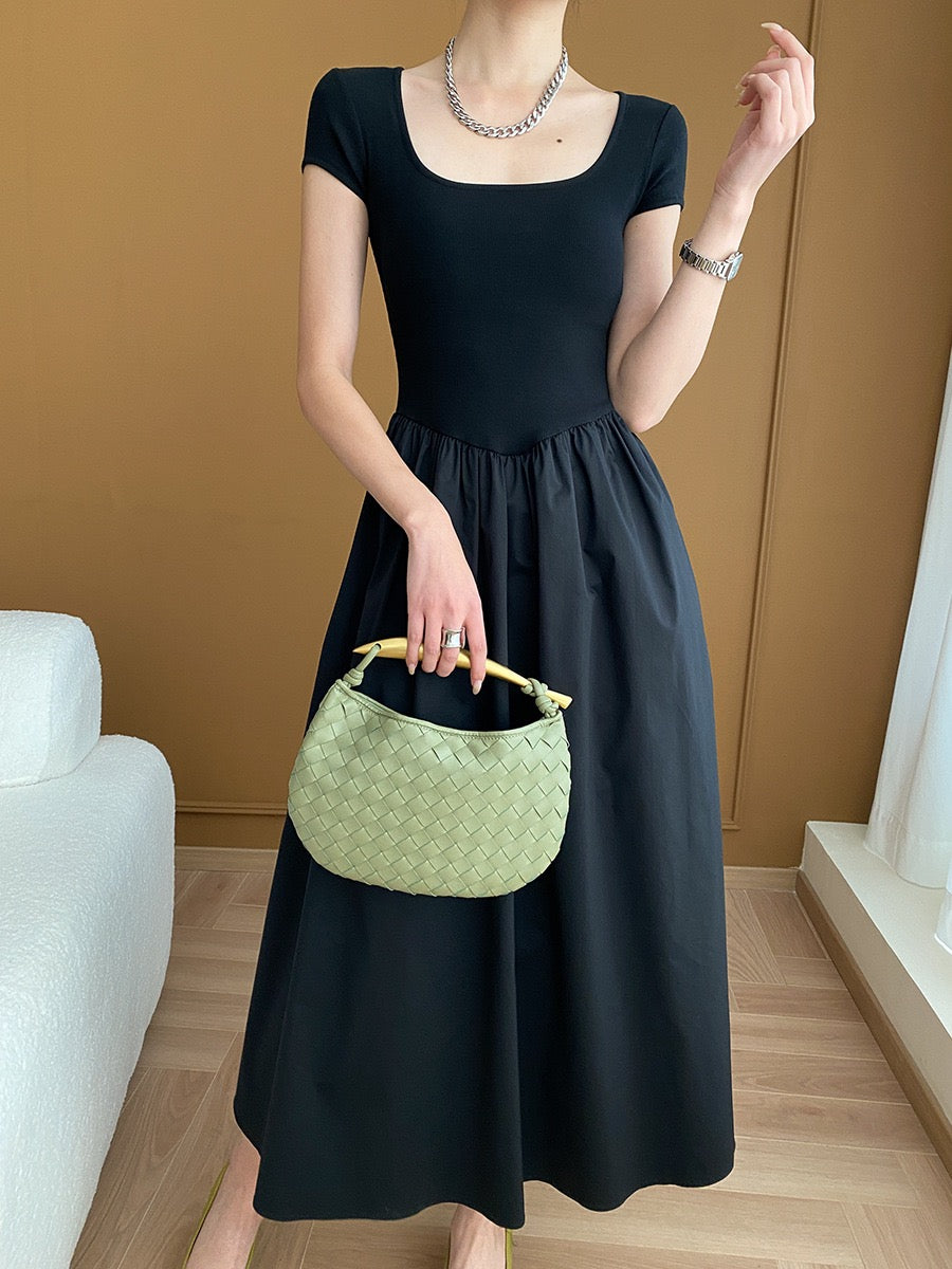 Square Neck Cinched Waist Black Dress