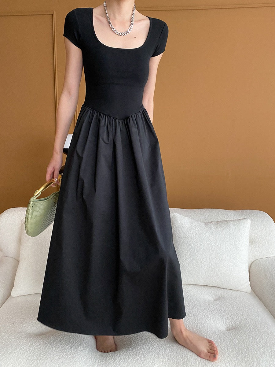 Square Neck Cinched Waist Black Dress