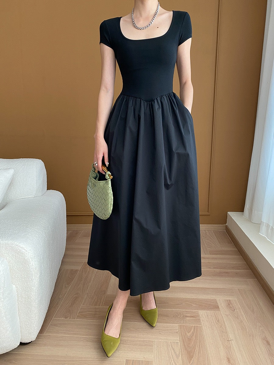 Square Neck Cinched Waist Black Dress