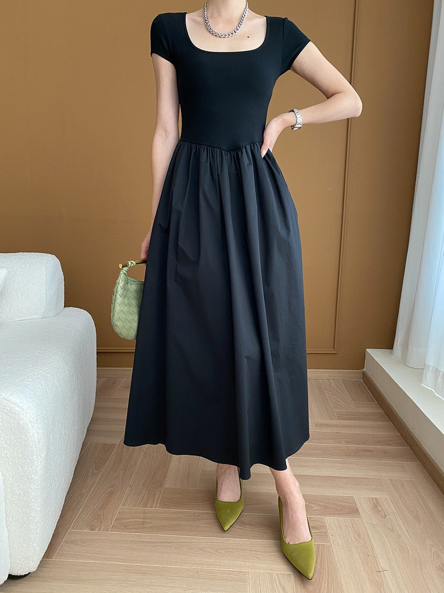 Square Neck Cinched Waist Black Dress