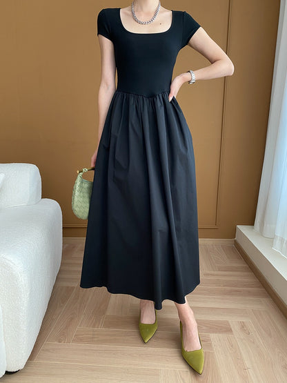 Square Neck Cinched Waist Black Dress