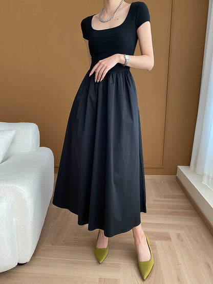 Square Neck Cinched Waist Black Dress