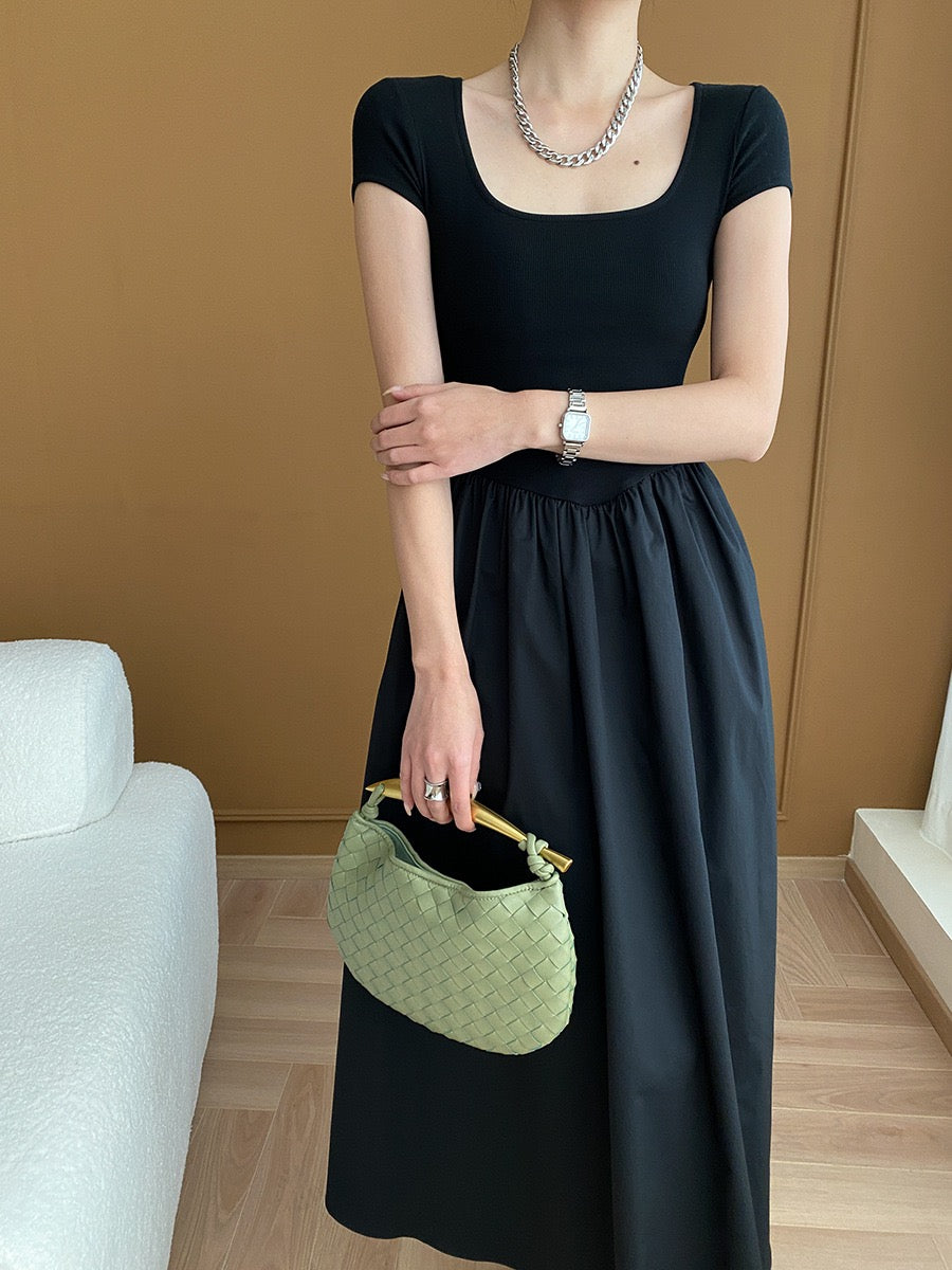 Square Neck Cinched Waist Black Dress