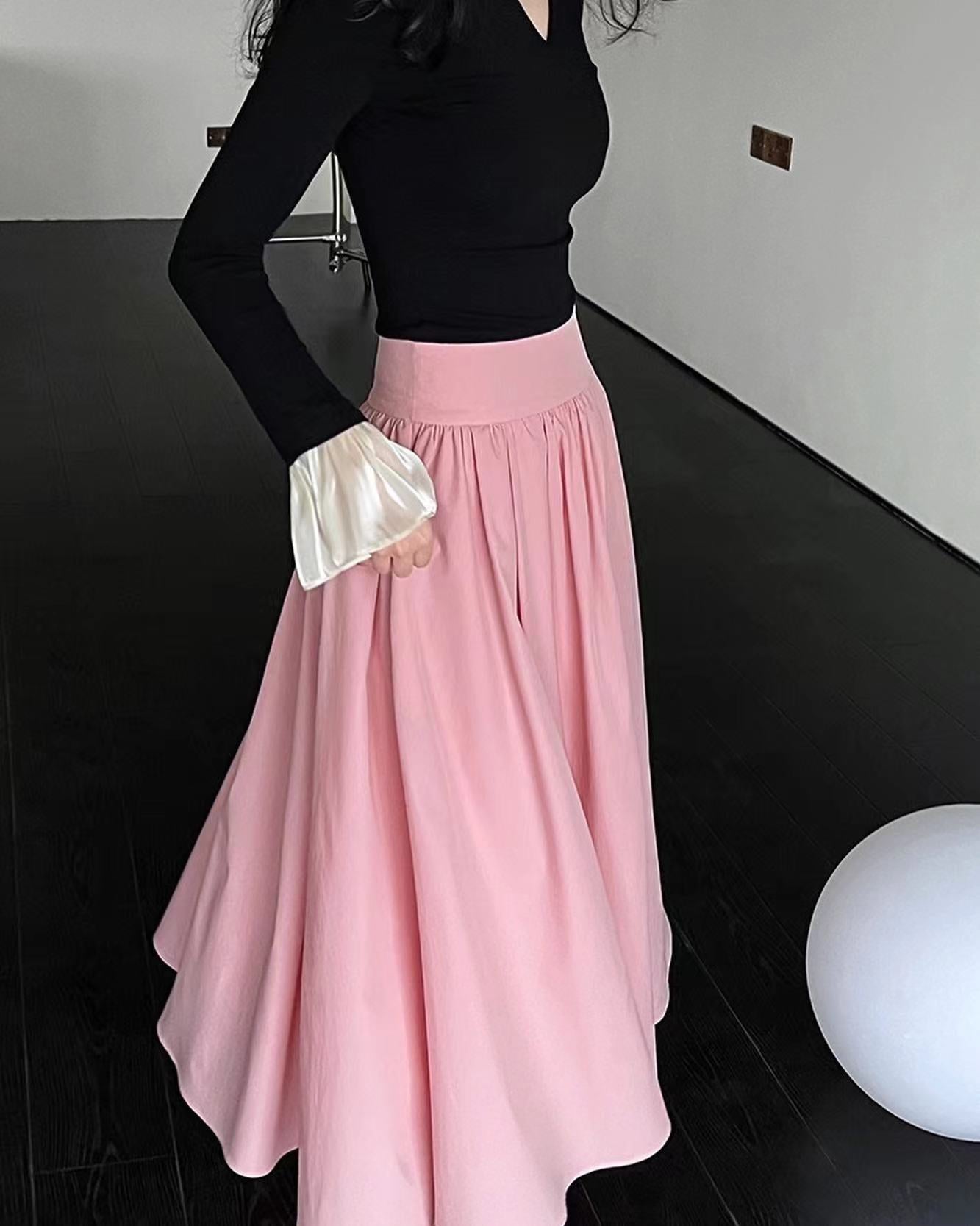 Cinched Waist Flared Long Skirt