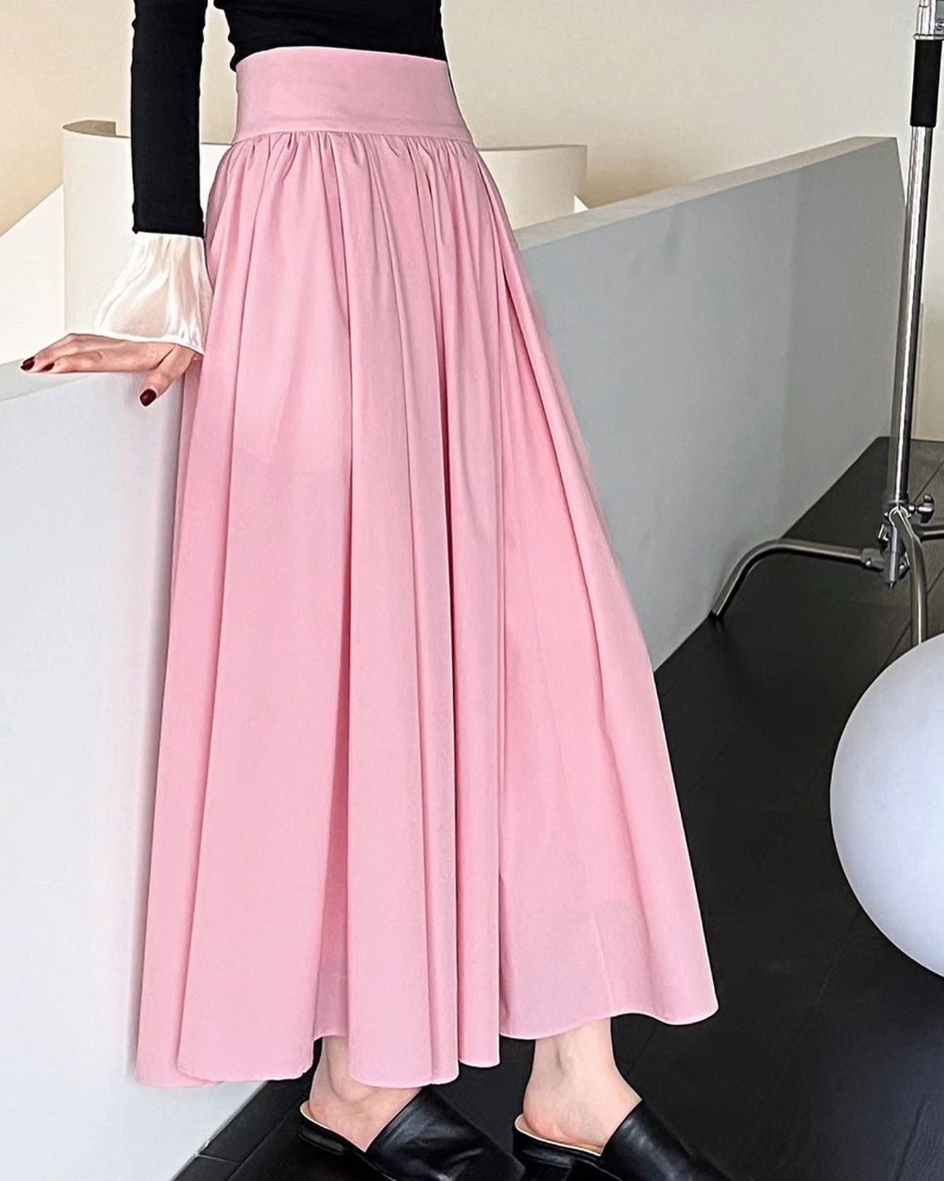 Cinched Waist Flared Long Skirt