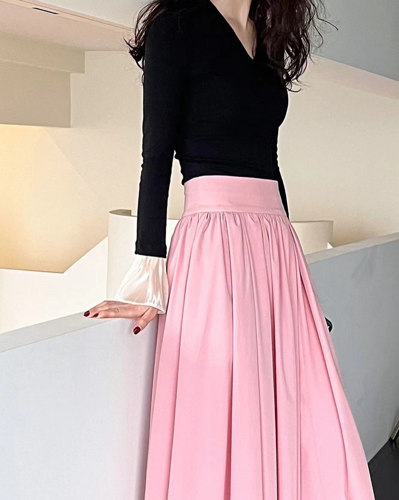 Cinched Waist Flared Long Skirt