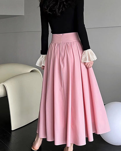 Cinched Waist Flared Long Skirt