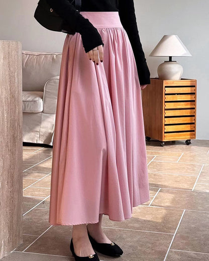 Cinched Waist Flared Long Skirt