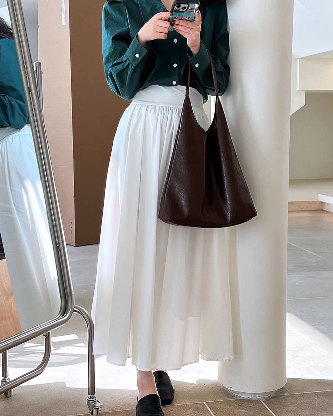 Cinched Waist Flared Long Skirt