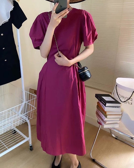 Round Neck Pleated Cinched Waist Dress