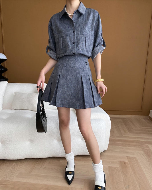 Vintage Denim Shirt + Pleated Skirt Set