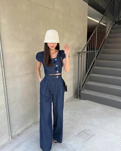 Vintage Single Breasted Top + Wide Leg Pants