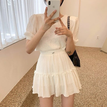 Round Neck Puff Sleeve Top + Lace Trim Short Skirt Set