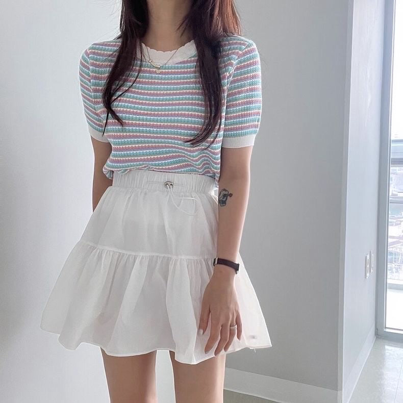 Lace Collar Striped Top