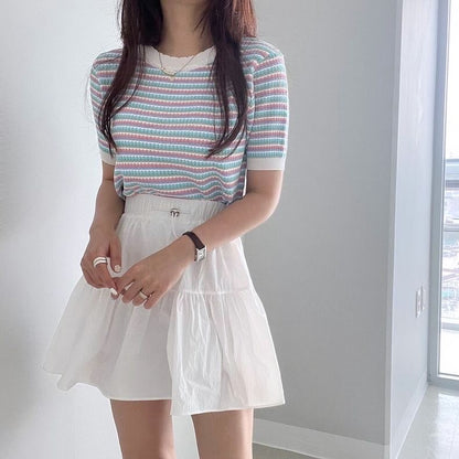 Lace Collar Striped Top