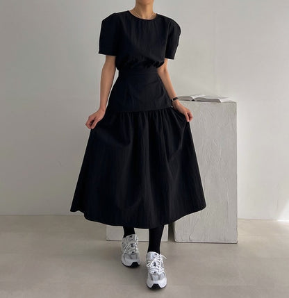 French-Style Crewneck Puff Sleeve Top + Patchwork Midi Skirt