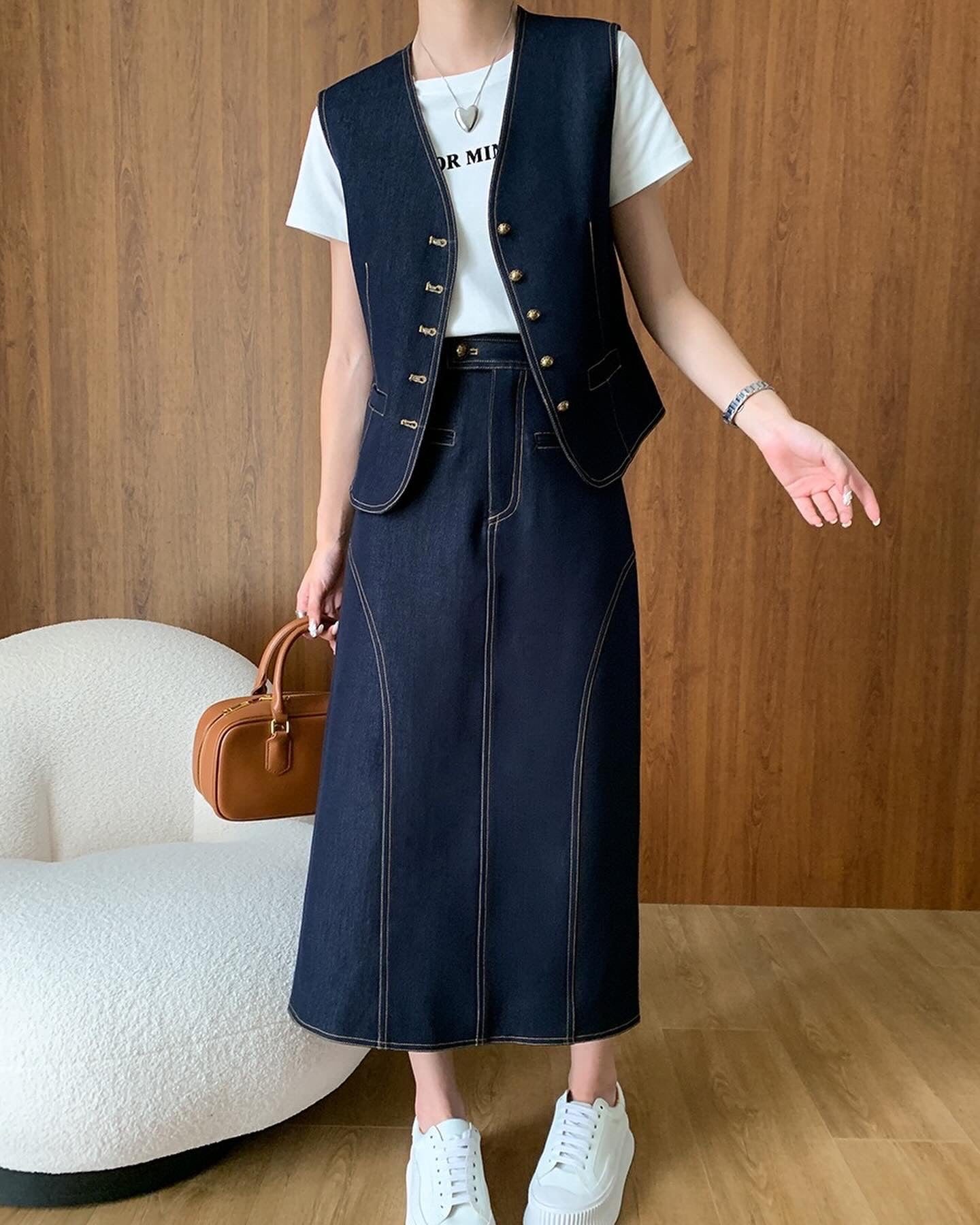 Vintage Denim Vest + Midi Skirt Set