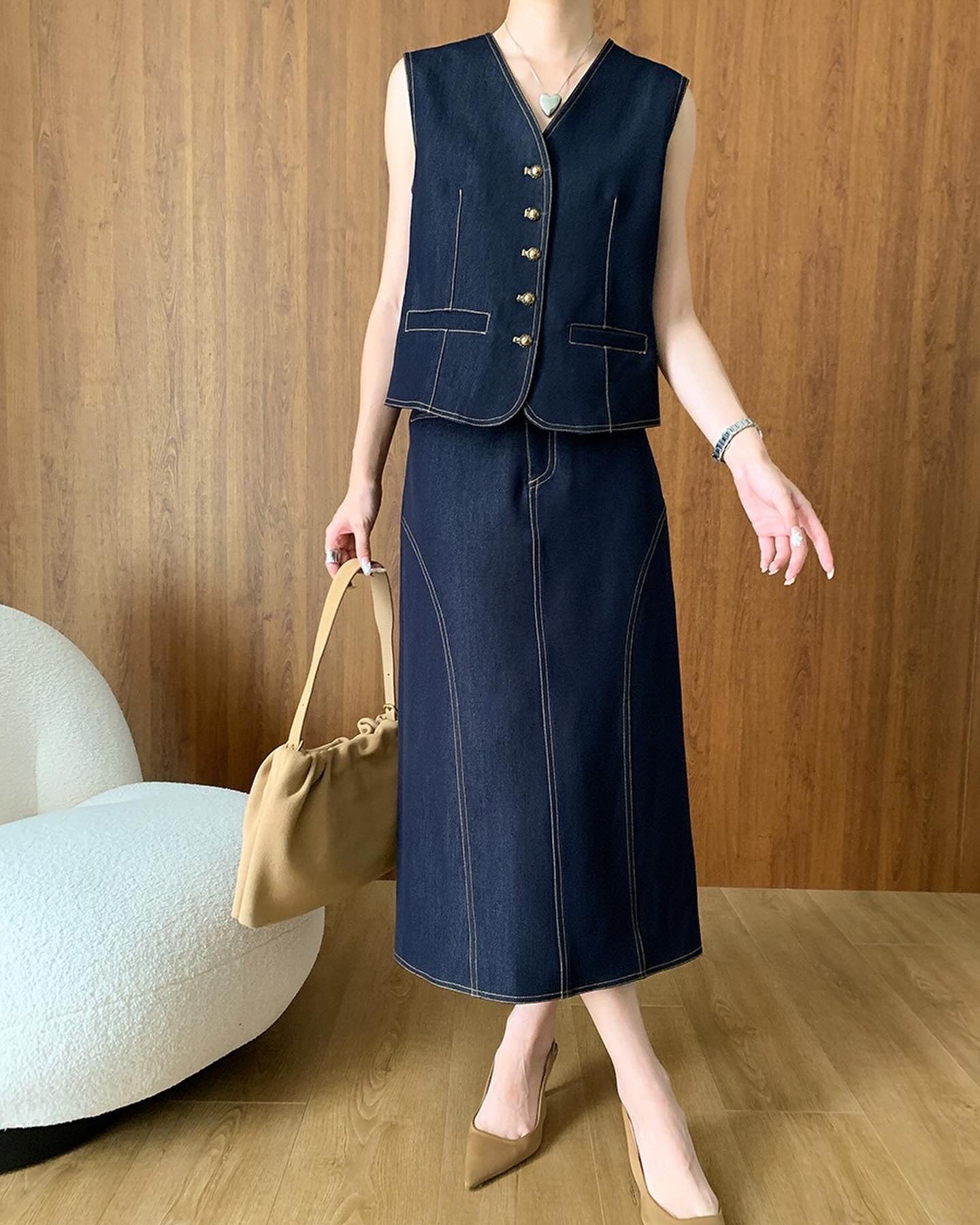 Vintage Denim Vest + Midi Skirt Set