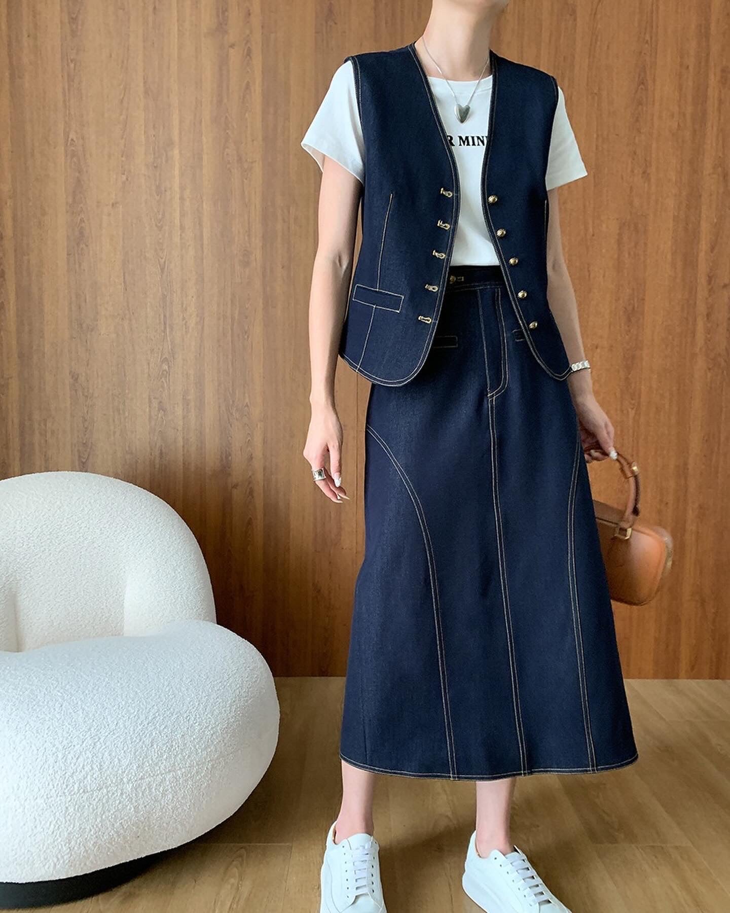 Vintage Denim Vest + Midi Skirt Set