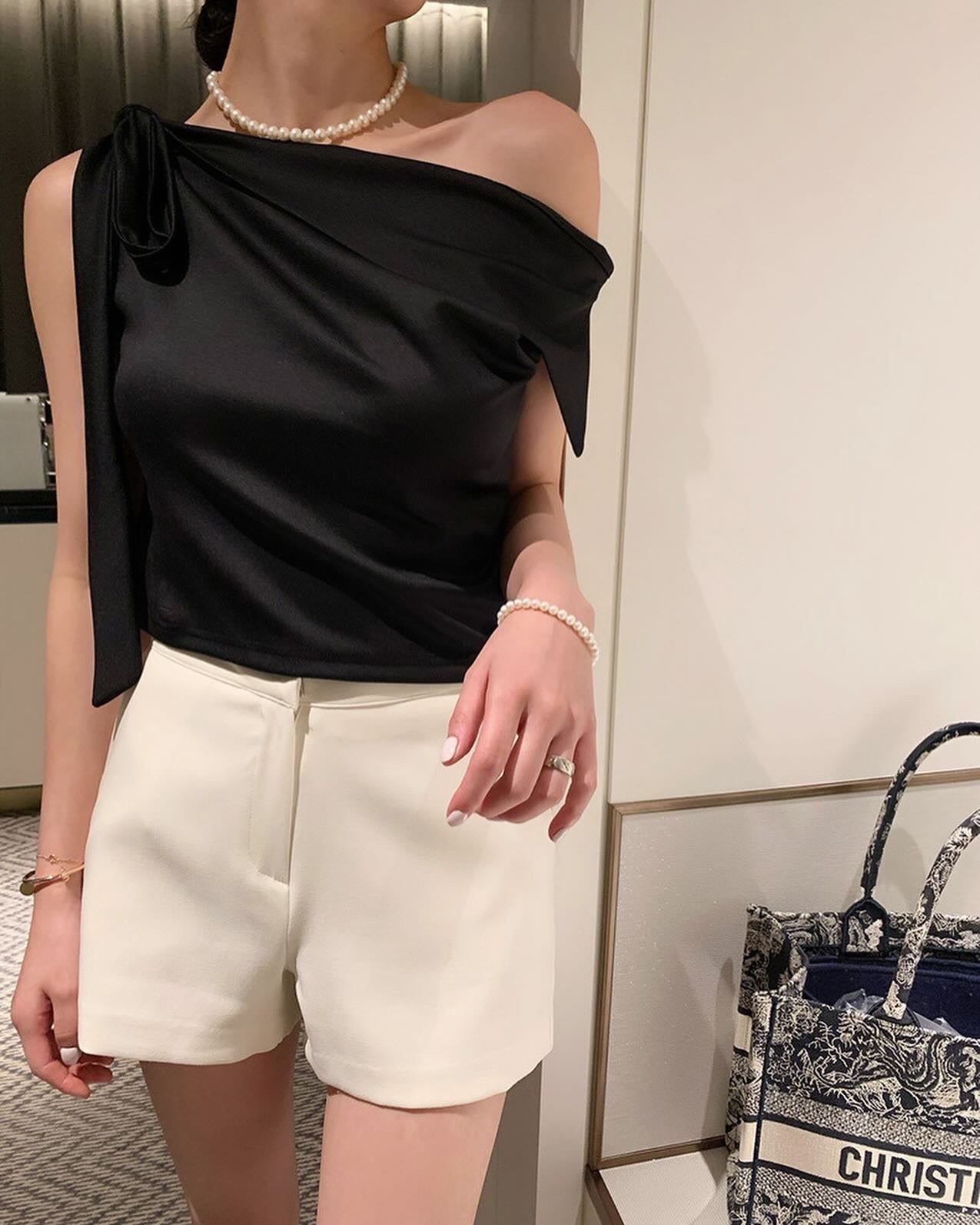 Tie-Shoulder Asymmetric Neckline Top