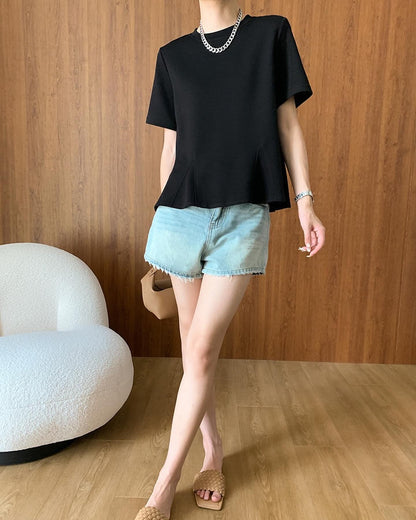 Ruffled Hem Round Neck T-Shirt