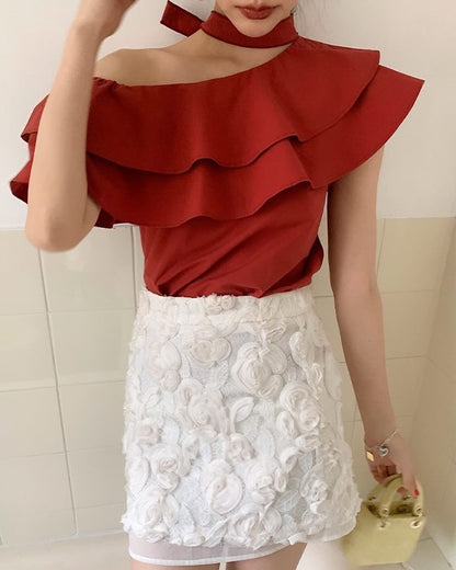 Double-Layered Ruffled One-Shoulder Top