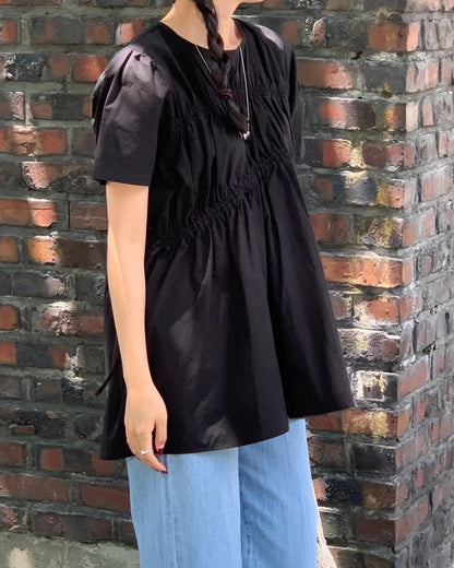 Loose-Fit Drawstring Tie Top with Unique Design