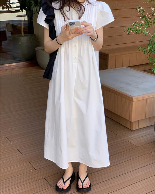 Korean-Style Pleated Loose-Fit Dress with Round Neck