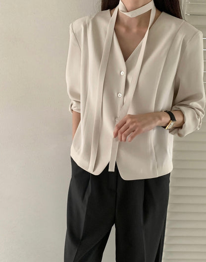 Korean-Style Belted Blazer Top