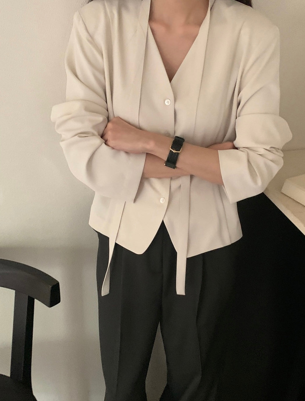 Korean-Style Belted Blazer Top