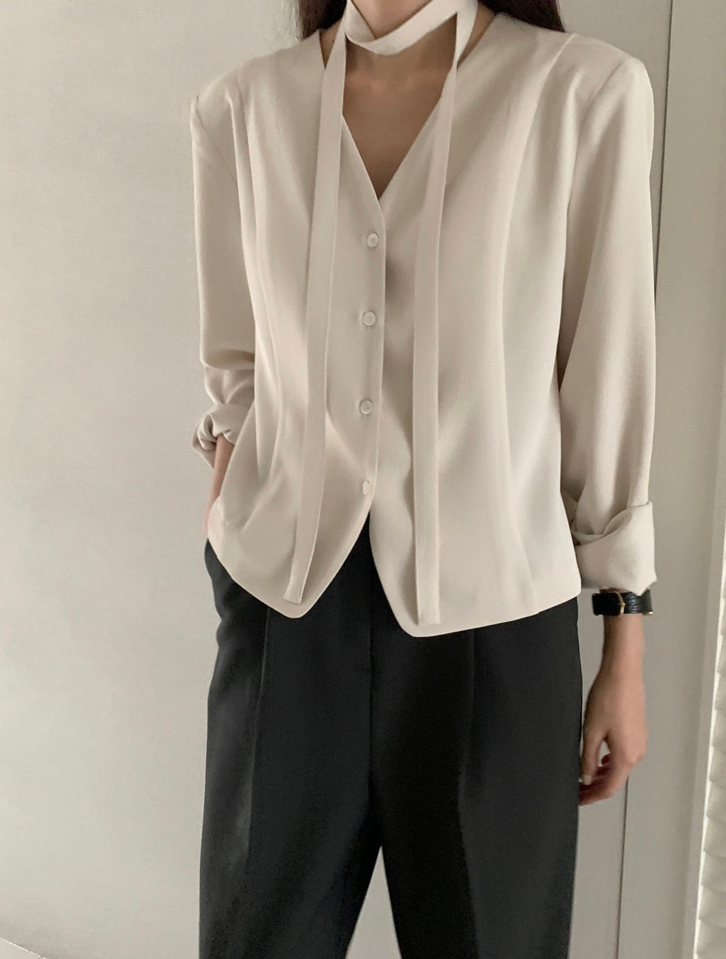 Korean-Style Belted Blazer Top