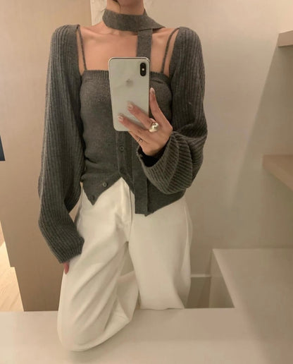 Single-Breasted Slim Cami + Long-Sleeve Knit Cardigan Set