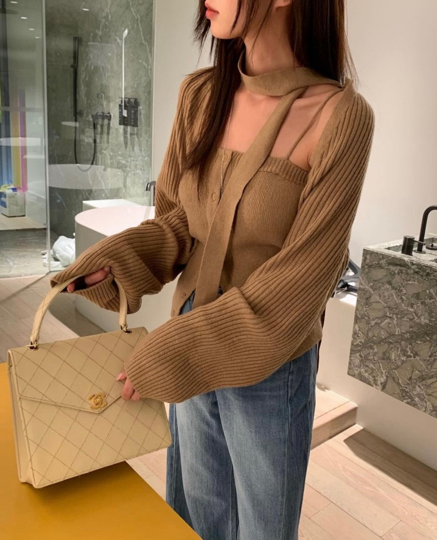 Single-Breasted Slim Cami + Long-Sleeve Knit Cardigan Set