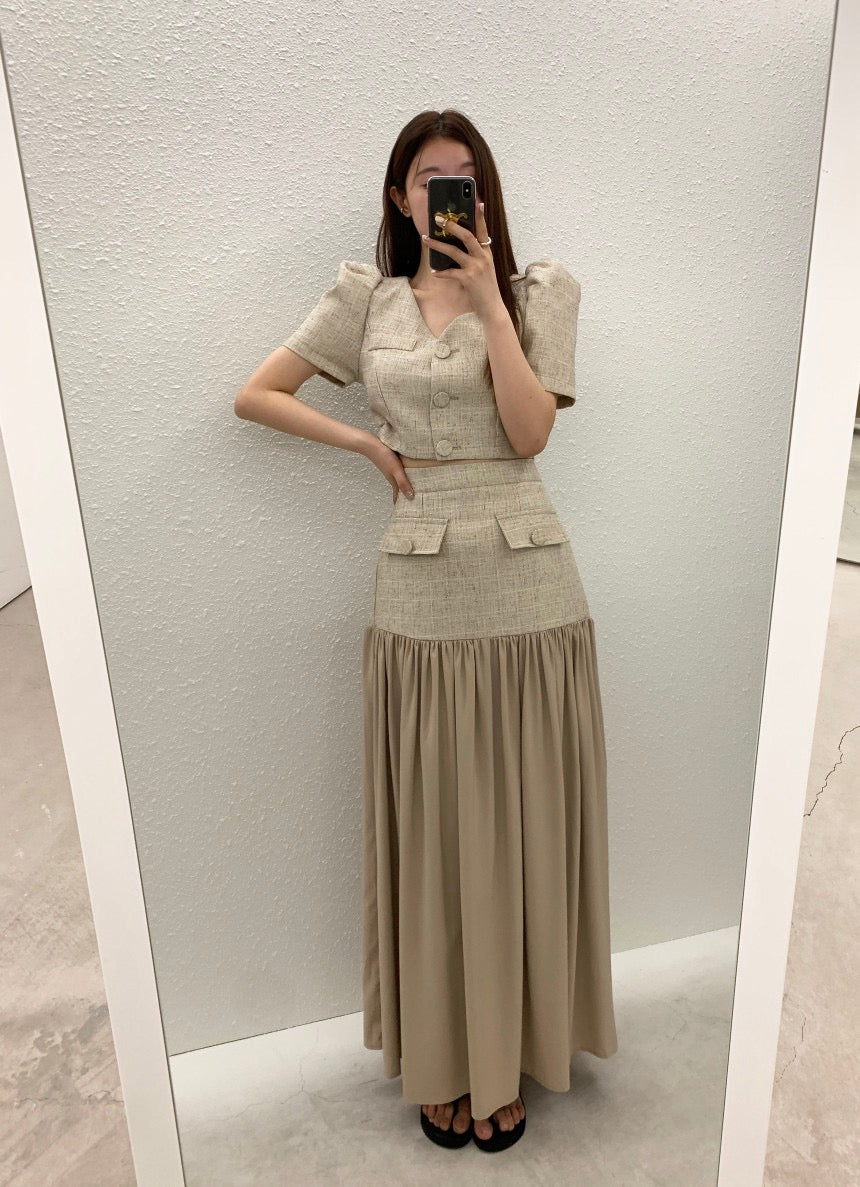 Single-Breasted Blazer + High-Waisted Color-Block Pleated Skirt Set