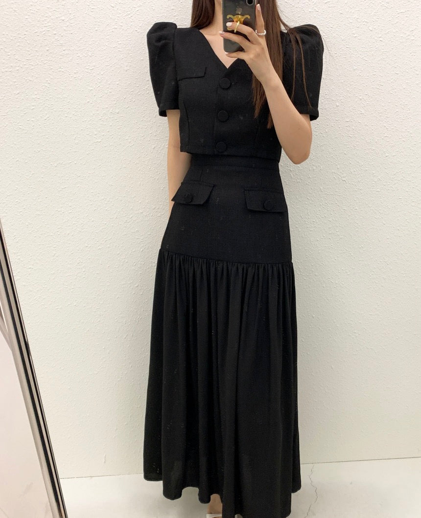 Single-Breasted Blazer + High-Waisted Color-Block Pleated Skirt Set