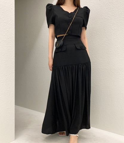 Single-Breasted Blazer + High-Waisted Color-Block Pleated Skirt Set