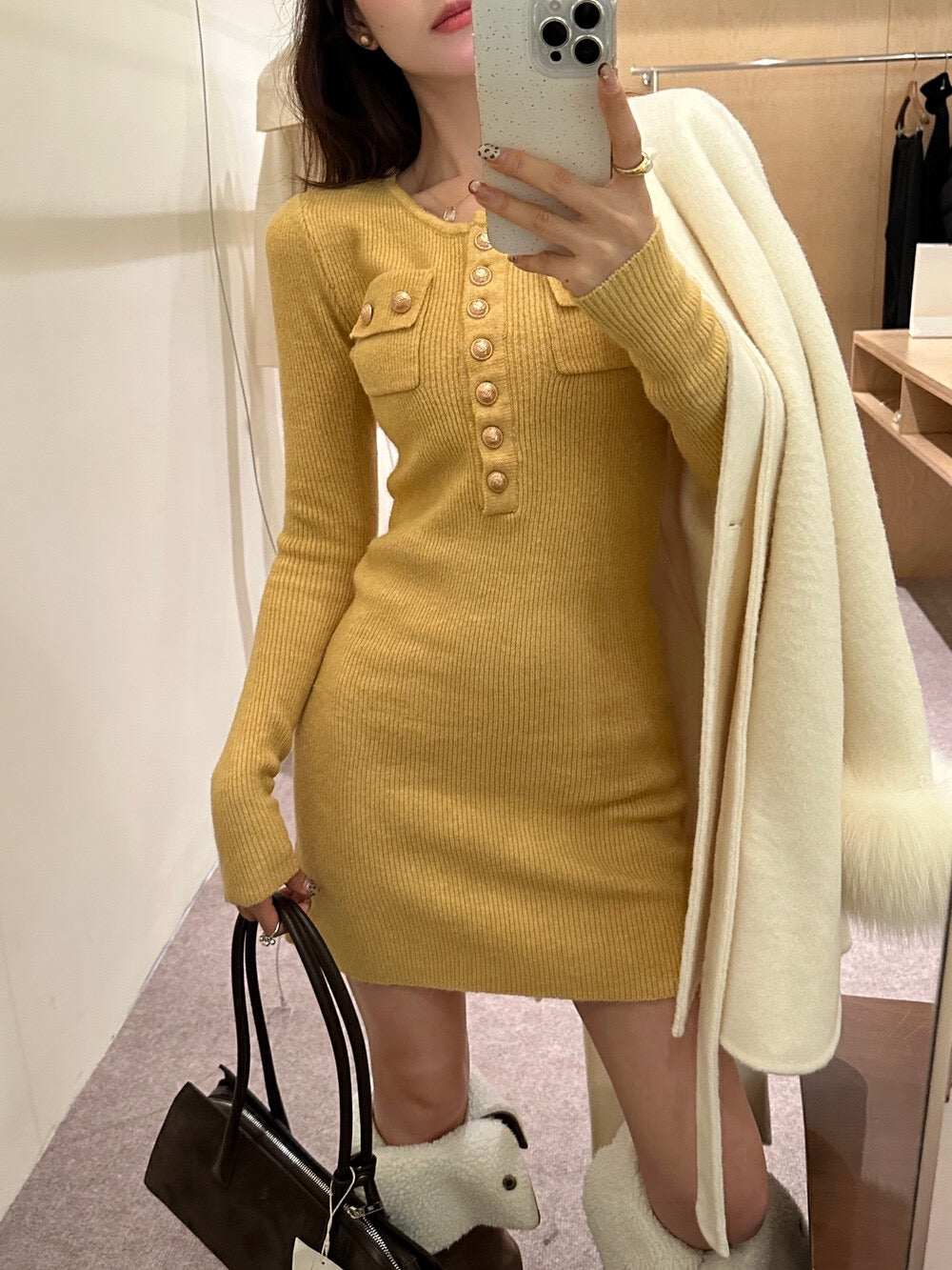 Small Gold Button Australian Wool Knit Dress