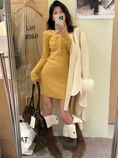 Small Gold Button Australian Wool Knit Dress