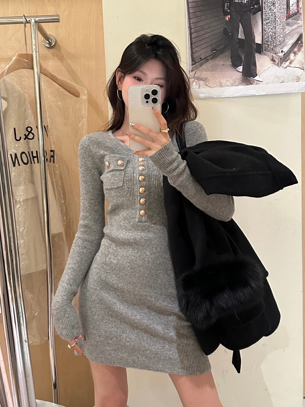 Small Gold Button Australian Wool Knit Dress