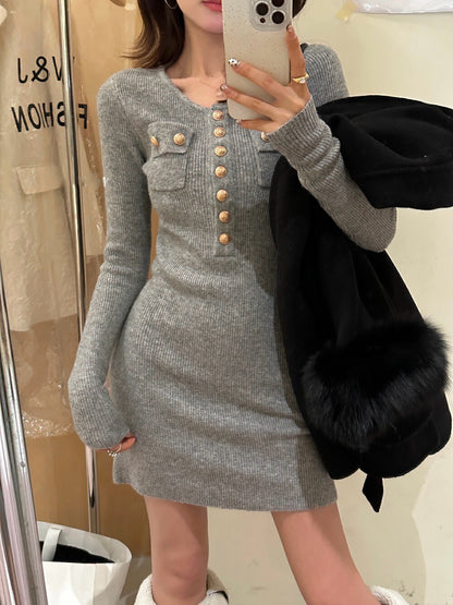 Small Gold Button Australian Wool Knit Dress