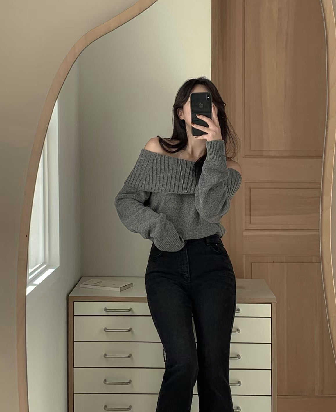 Off-Shoulder Long-Sleeve Knit Top