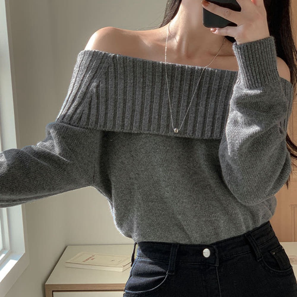 Off-Shoulder Long-Sleeve Knit Top