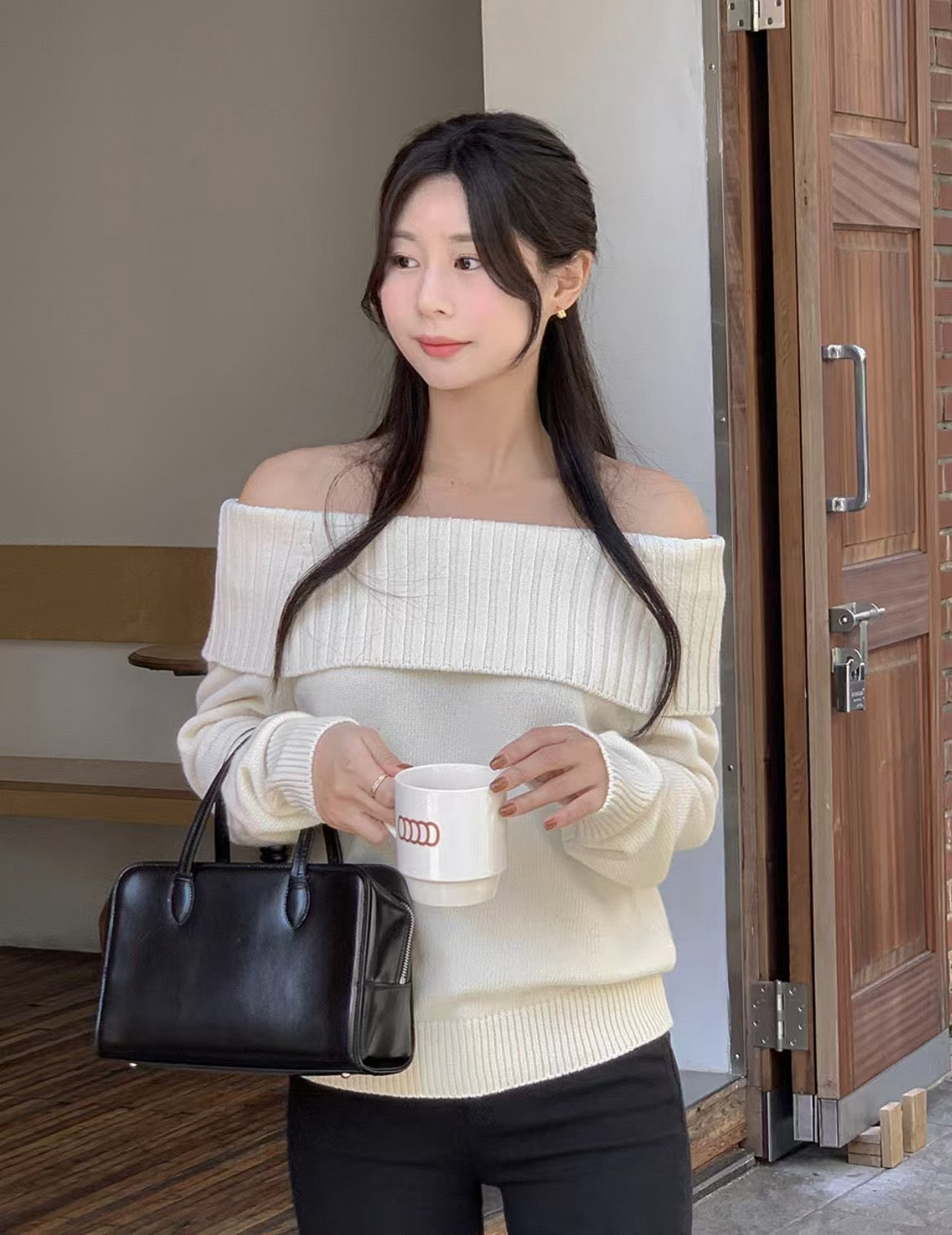 Off-Shoulder Long-Sleeve Knit Top