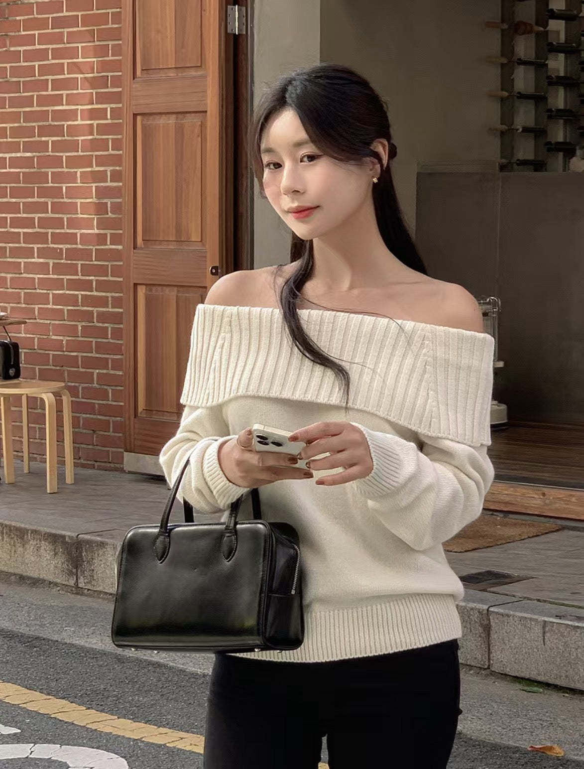 Off-Shoulder Long-Sleeve Knit Top